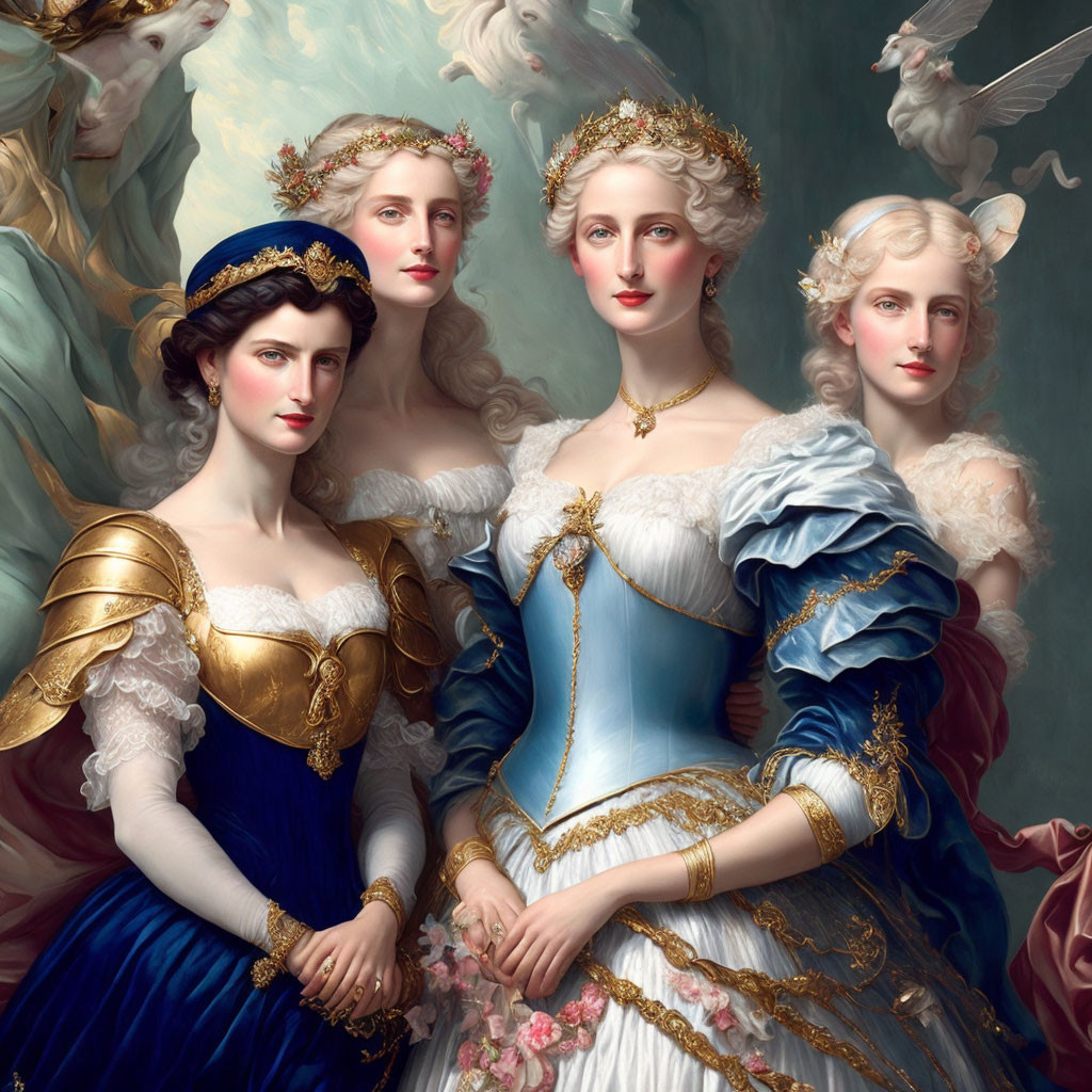 Four elegant women in luxurious period dresses and jewelry