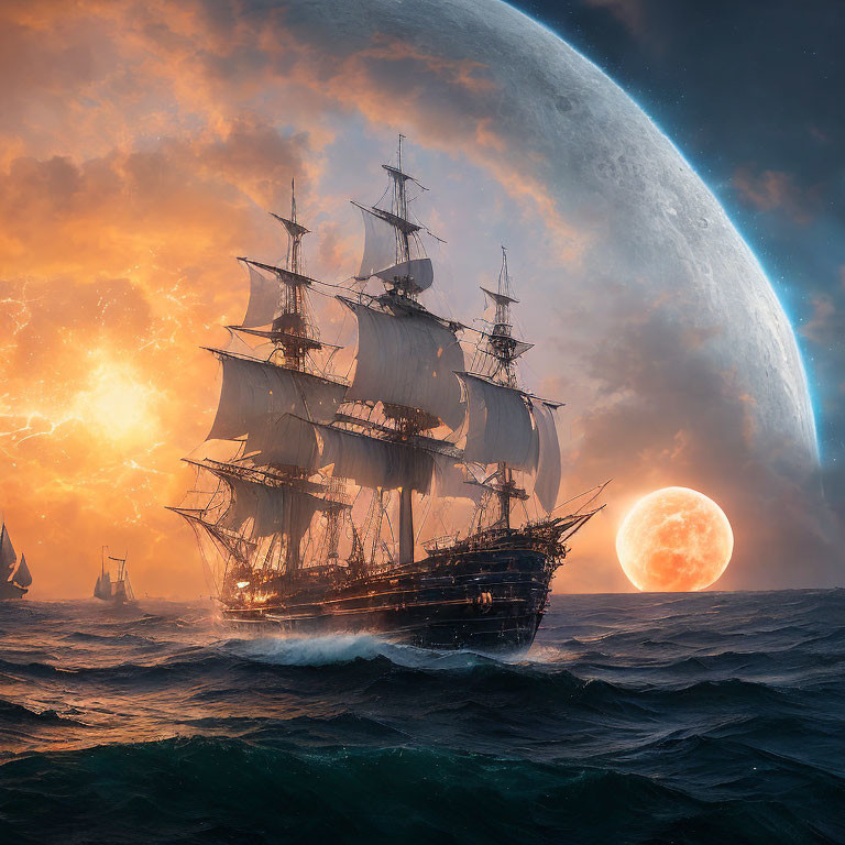 Tall ships sailing turbulent seas under moon and sun