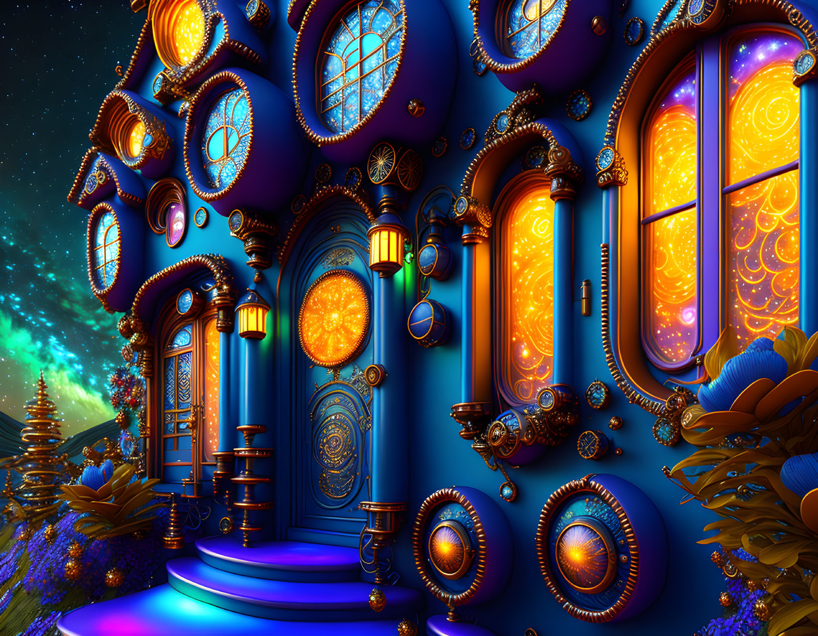 Colorful digital artwork of glowing doors and windows in cosmic setting