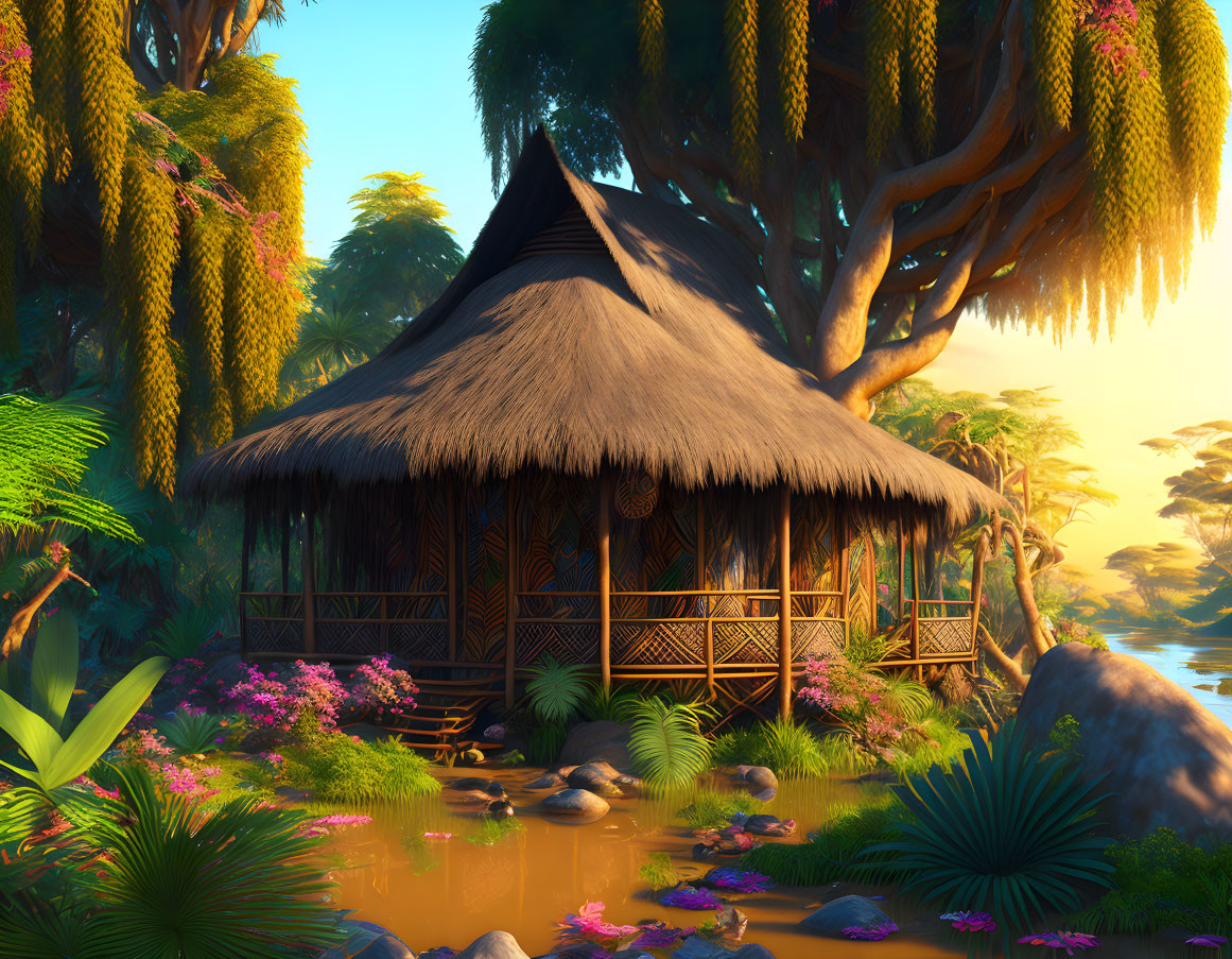 Traditional Thatched Hut on Stilts in Lush Tropical Setting