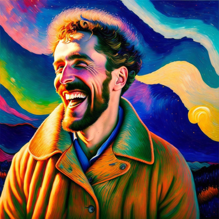 Colorful portrait of a smiling man with curly hair in Van Gogh style