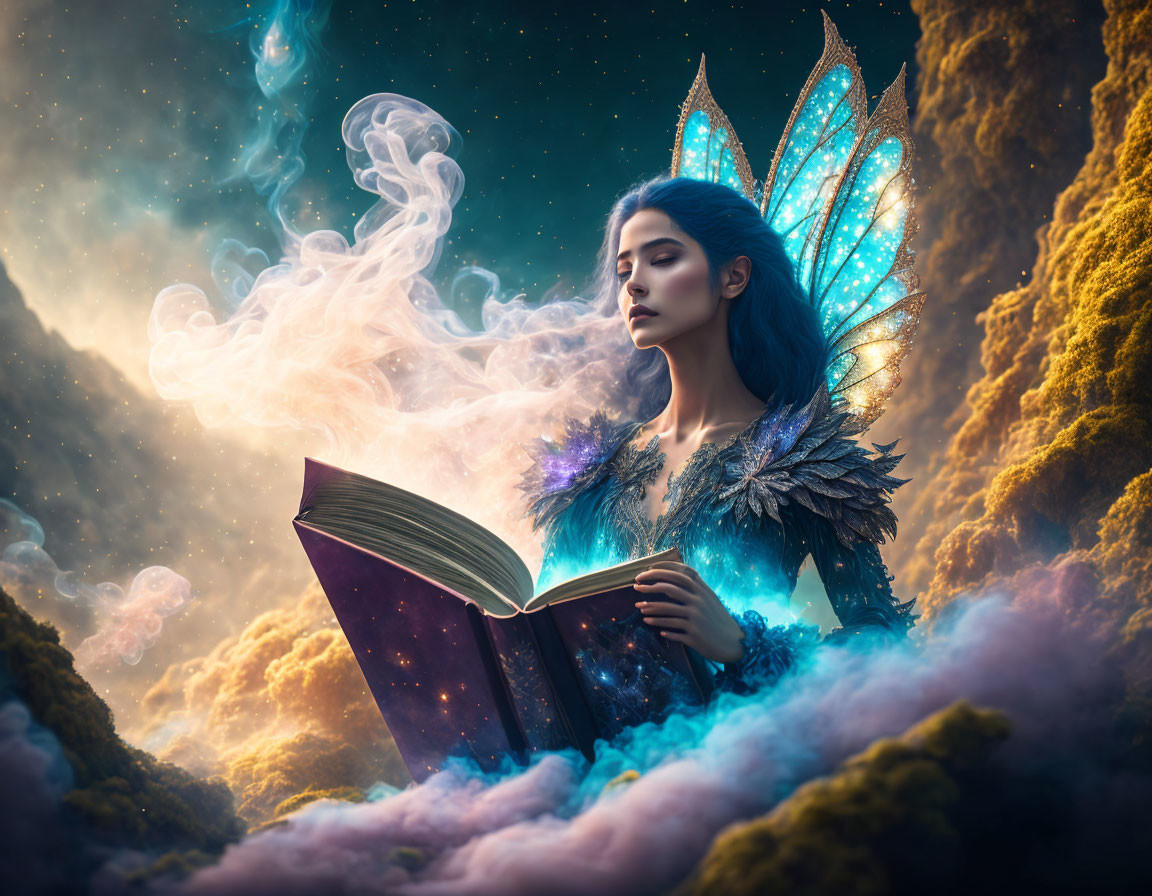 Mystical fairy with blue wings reading ancient book in celestial setting