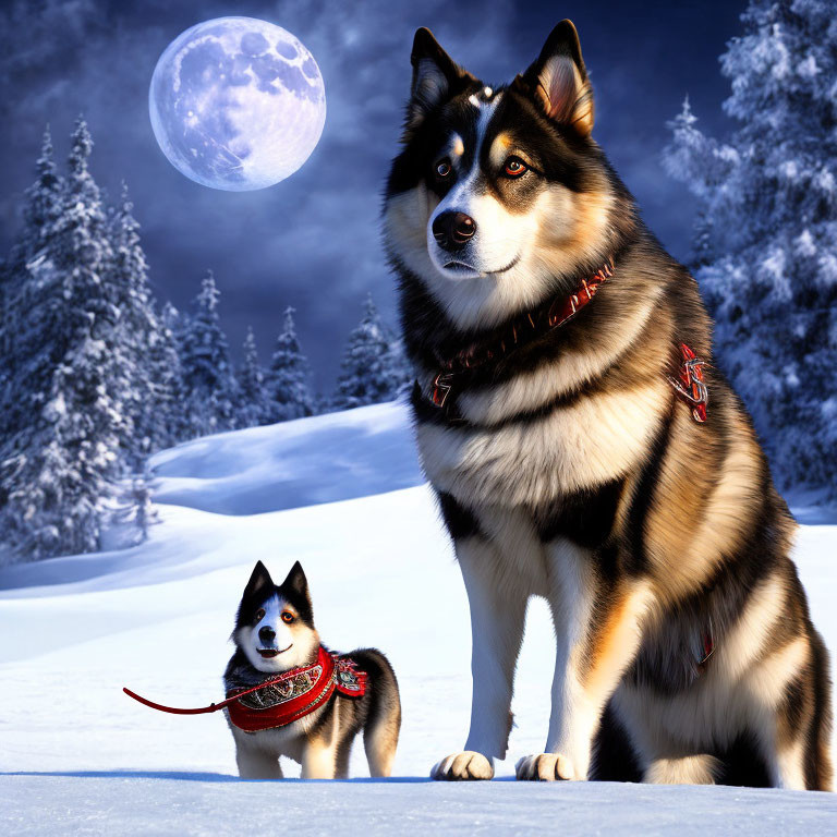 Two huskies in snowy night landscape with full moon; one large seated, one small with red