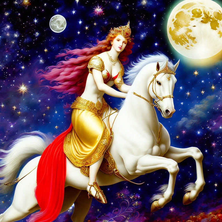 Fantasy illustration of woman with red hair on white horse under starry sky