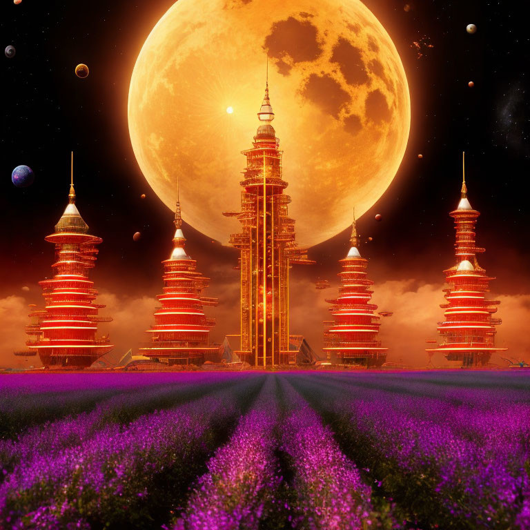 Futuristic spires and oversized moon in fantastical dusk landscape