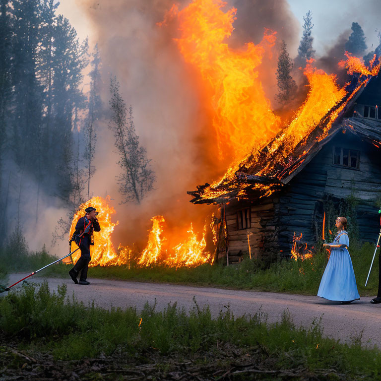 Firefighter hosing water near blazing wooden house with person in historical costume watching amid thick smoke