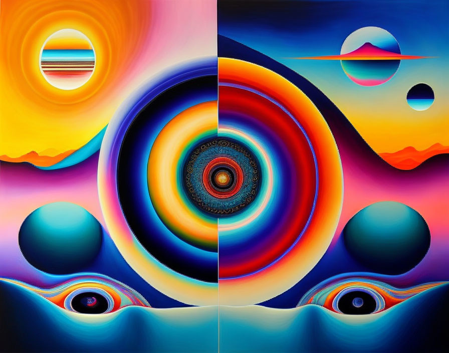 Abstract Split Design: Vibrant Circles & Tranquil Horizon in Bold Colors