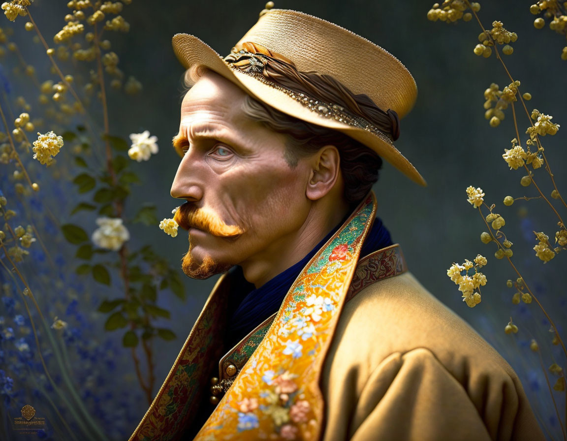 Vintage Man in Straw Hat with Mustache on Floral Background