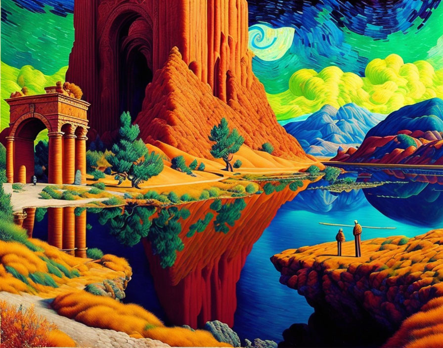 Surreal landscape with orange cliffs, archways, person on precipice, vivid trees, and