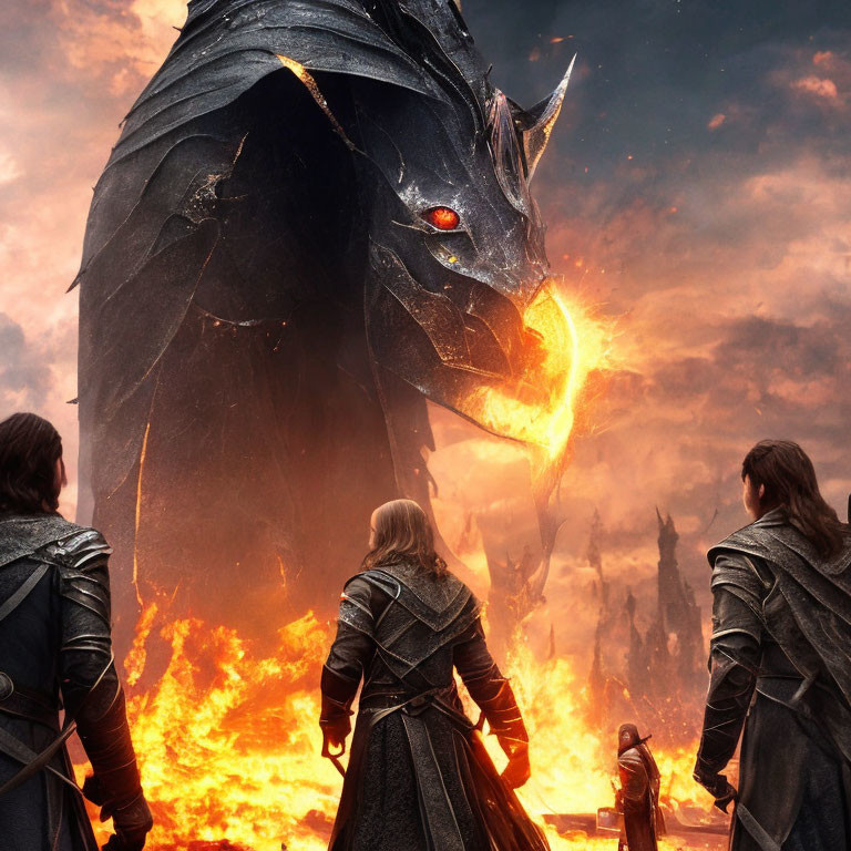 Armored figures face giant dragon in fiery scene with castle.