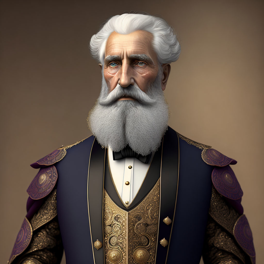 Elderly animated character in military uniform with white beard