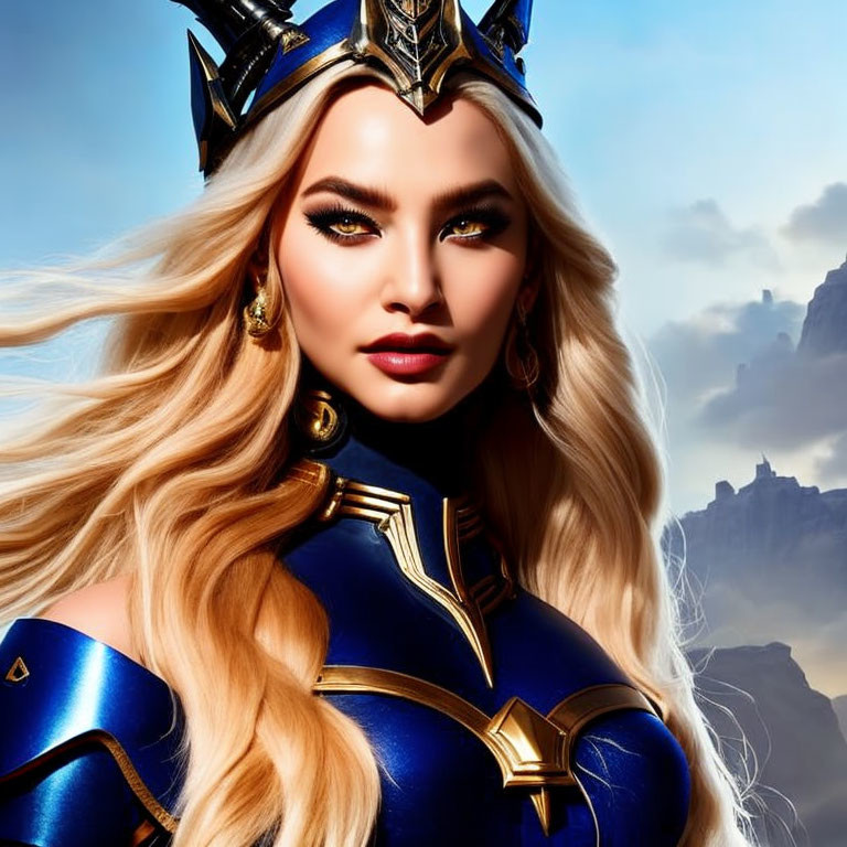 Blonde woman in blue and gold armor with crown helmet in digital art