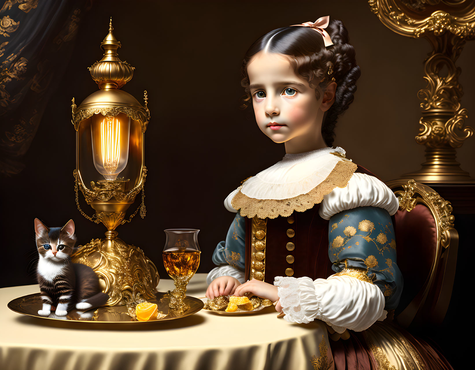 Vintage dress girl with kitten, urn, and crystal glass at ornate table