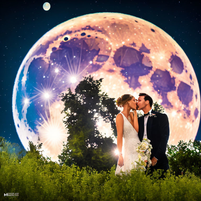 Wedding couple kissing under detailed night sky