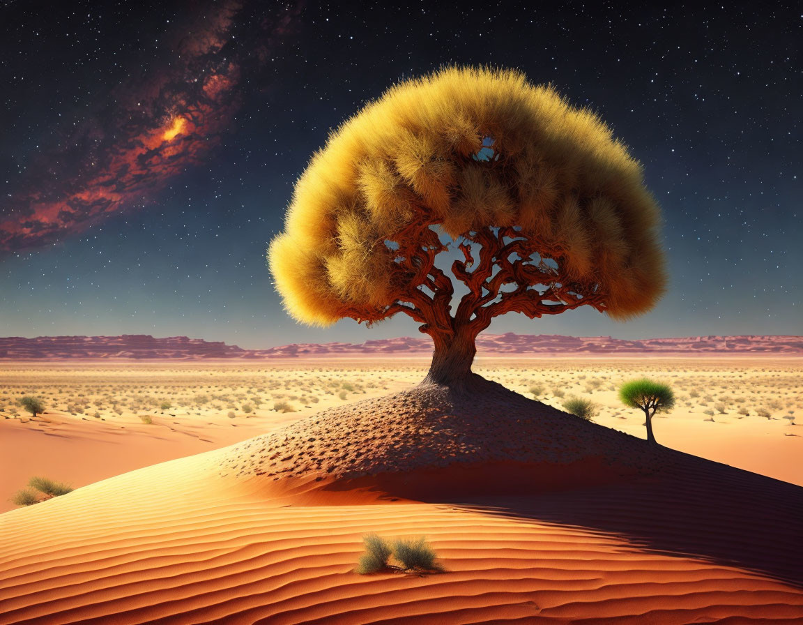 Lush tree on sand dune under starry sky with galaxy view