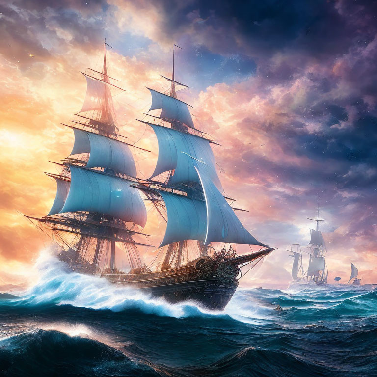 Tall ships sailing on turbulent seas under dramatic orange and blue sky