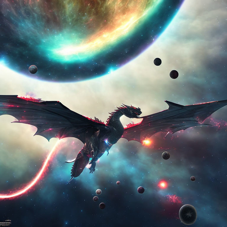 Black dragon flying through cosmic scene with planets and galaxy.