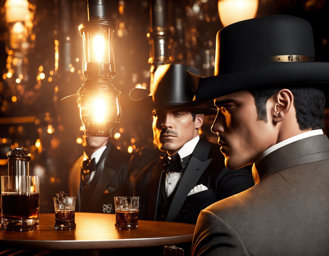 Vintage bar scene with three gentlemen in formal attire and top hats, whisky glasses, and a lit lantern