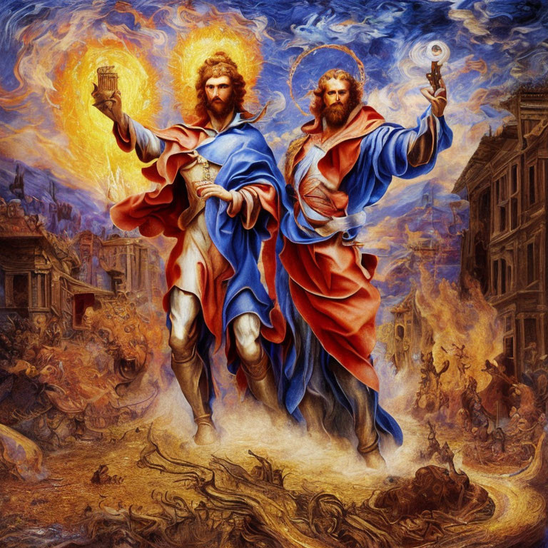 Painting of Two Haloed Figures with Lantern and Key in Fiery Chaos