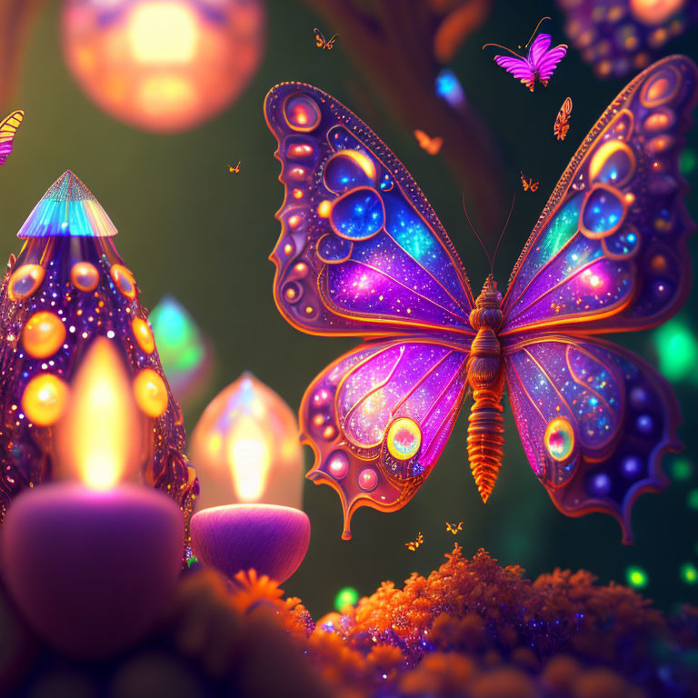 Colorful digital artwork: Whimsical glowing butterfly in fantasy landscape