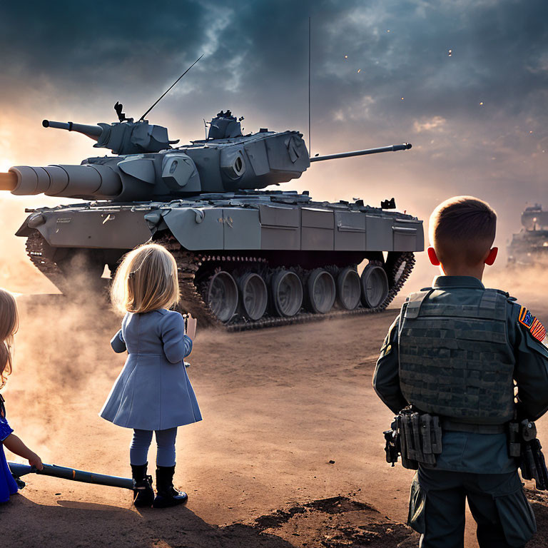 Children watching tank in dramatic, smoky setting with sunrays.