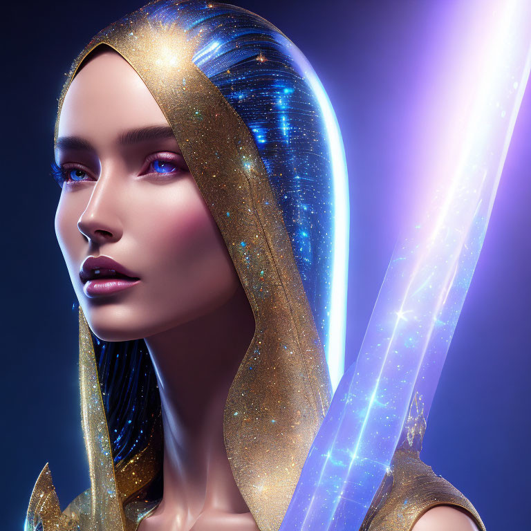 Digitally-rendered female figure with cosmic-themed hood and glowing sword on dark blue backdrop