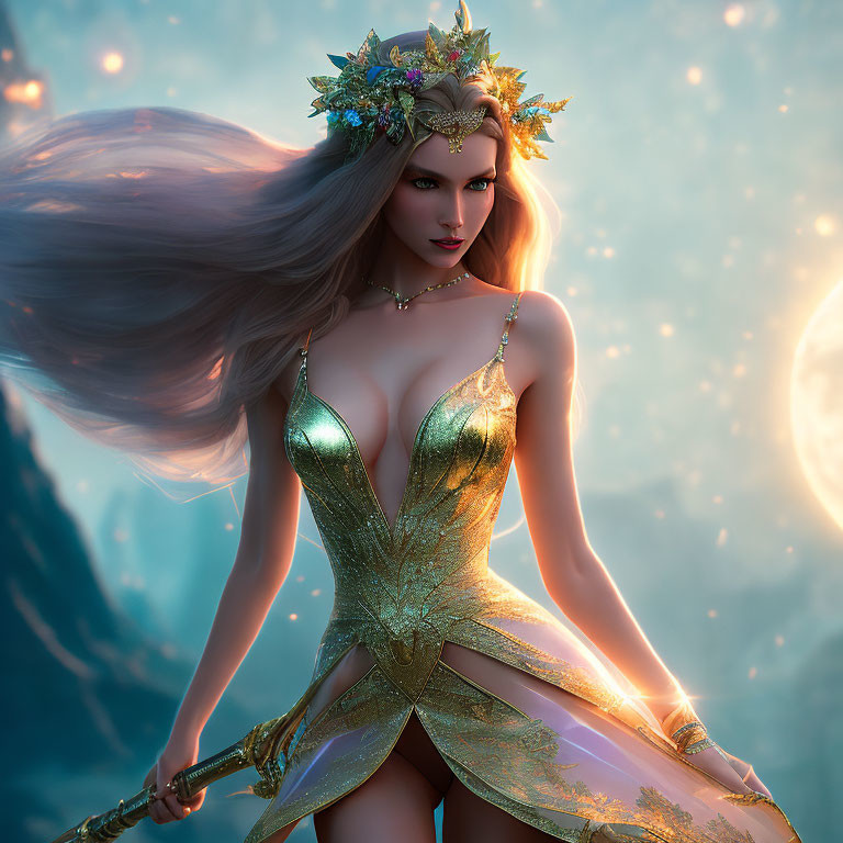 Regal female warrior with crown and mystical staff in fantasy digital art