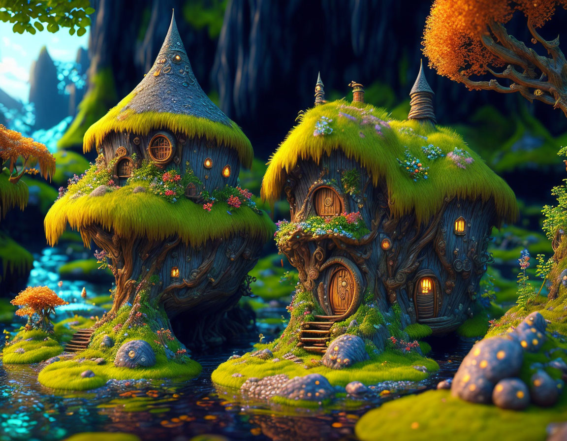 Enchanted forest scene: Mushroom houses with glowing windows near river