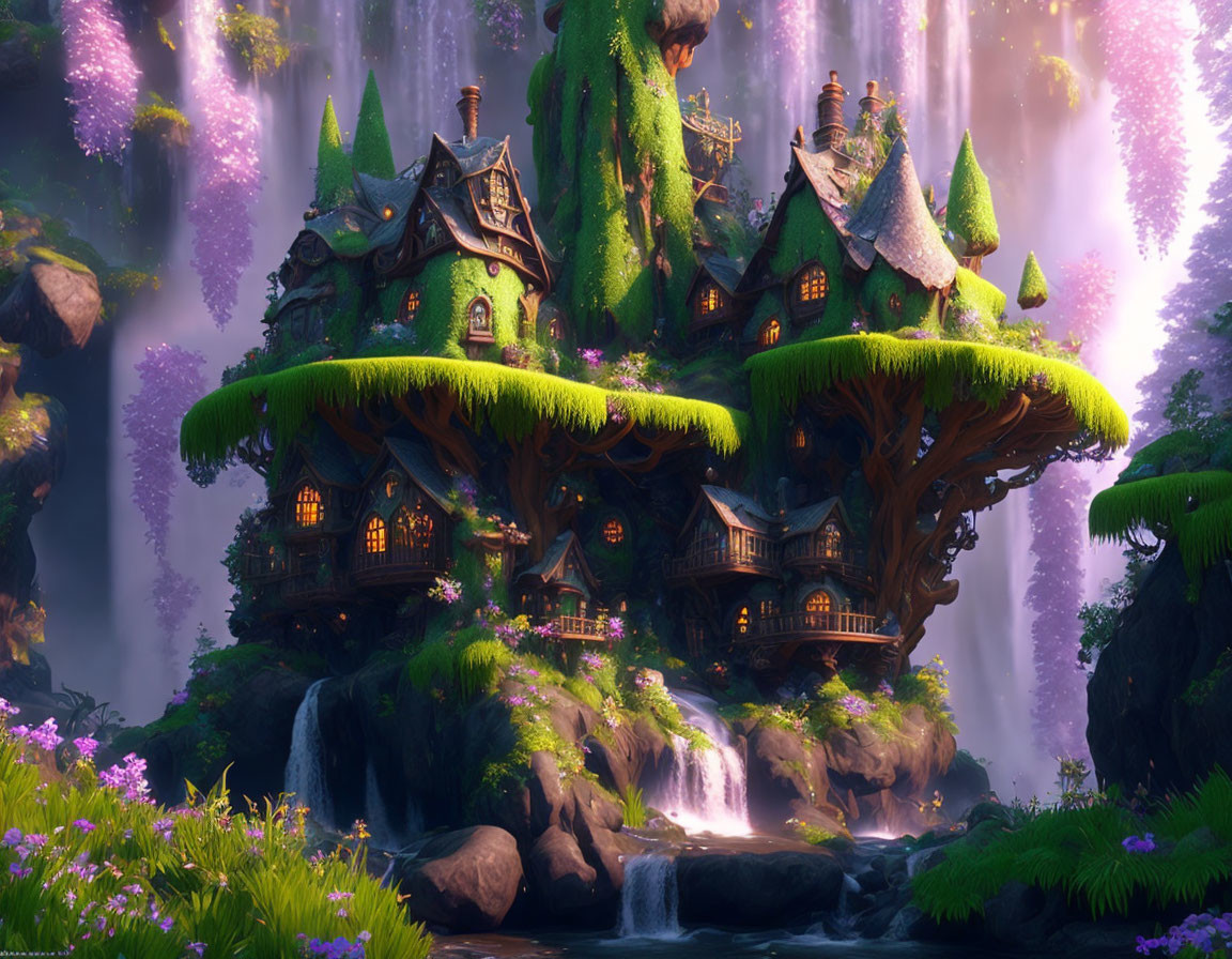 Magical Forest with Treehouses, Waterfalls, and Glowing Light