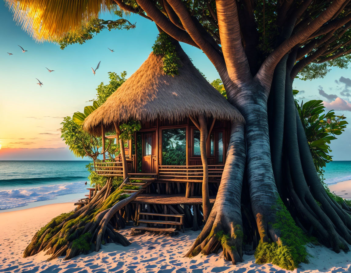 Tropical beach scene with thatched-roof hut, lush foliage, sunset, and flying birds