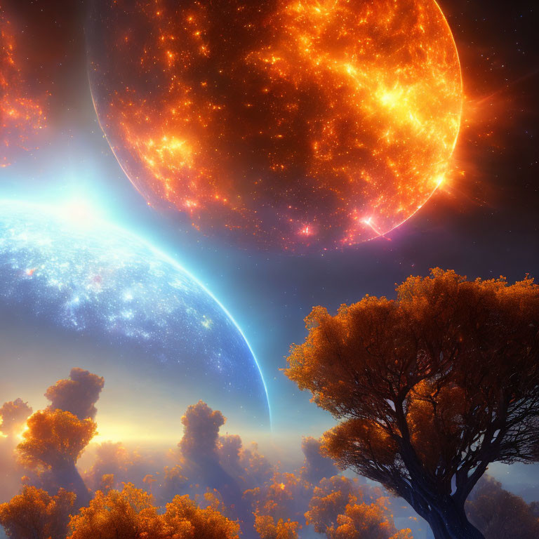 Surreal space scene with Earth-like and fiery orange planets above autumnal forest