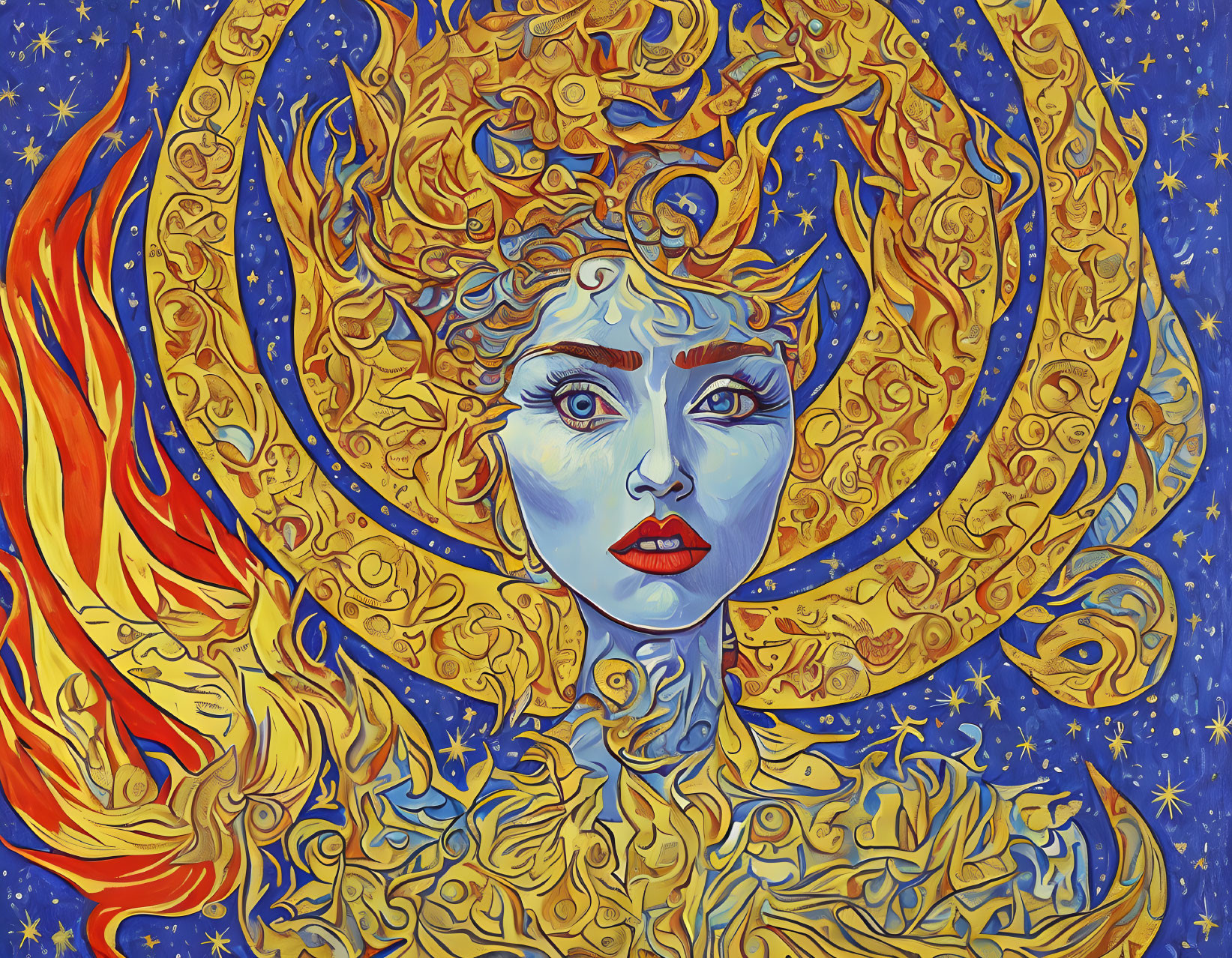 Illustration: Woman with golden hair in flames against starry sky