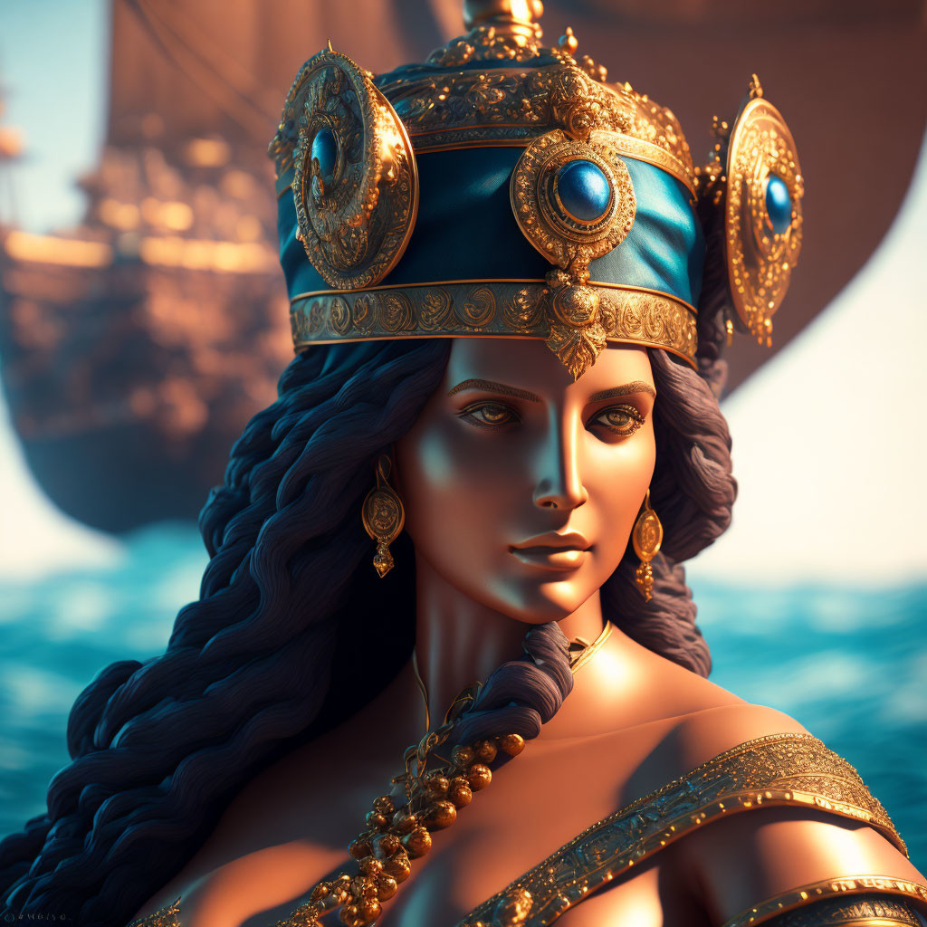 3D illustration of woman with golden headgear and ship in background