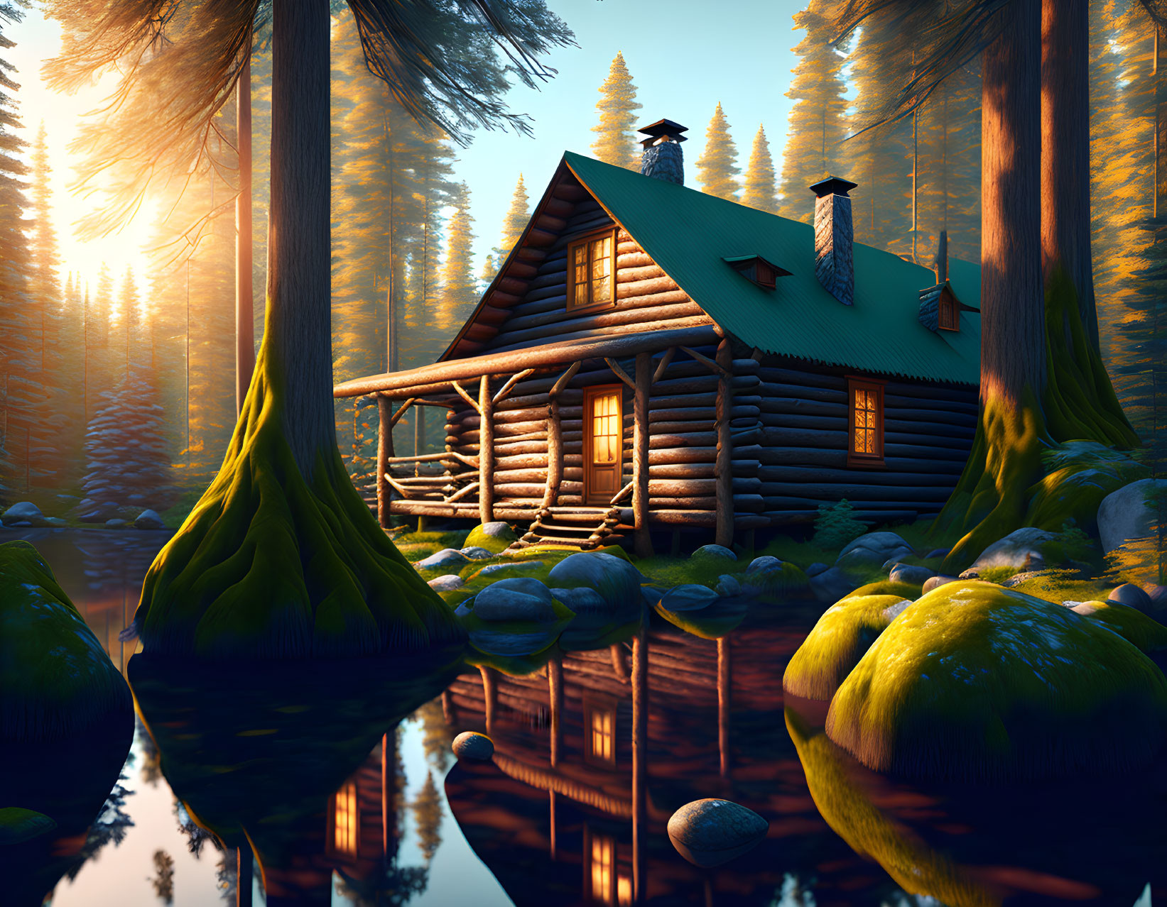 Tranquil woodland cabin near reflective lake at sunset or sunrise