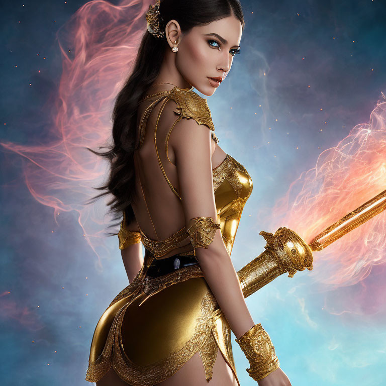 Fantasy-inspired armor woman poses with staff in mystical nebula scene