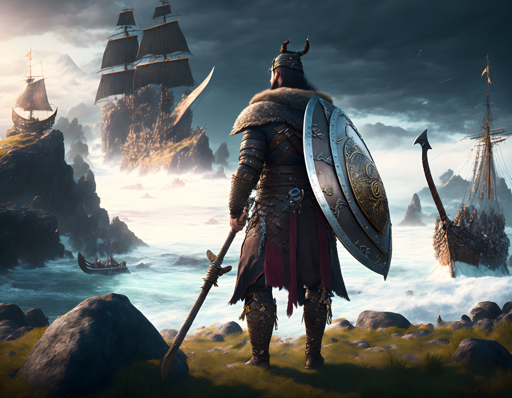 Viking warrior with shield and axe on rocky shore with longships