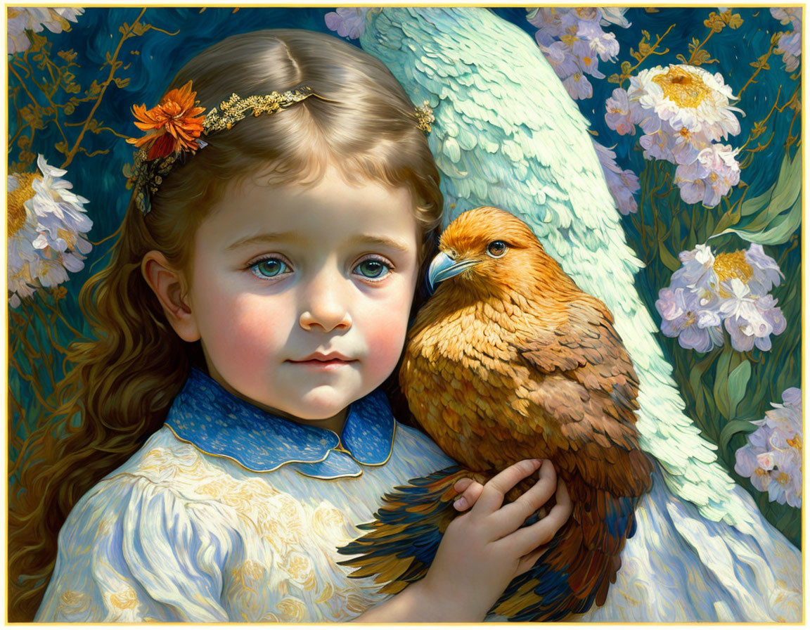 Young girl with angelic wings holding a small bird in a field of white flowers