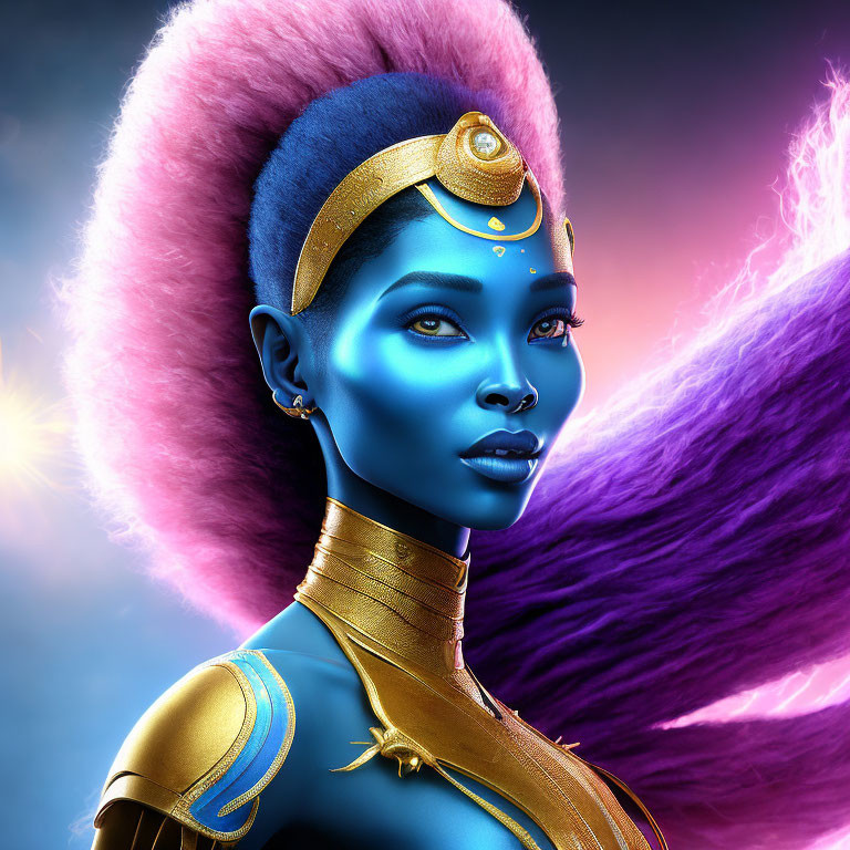 Vivid digital portrait of woman with blue skin and golden accessories