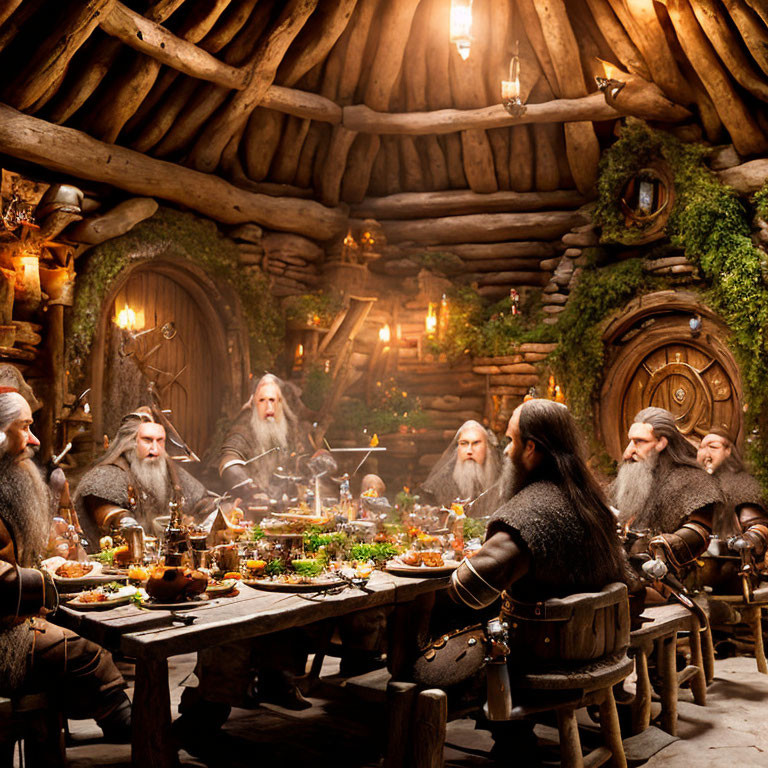 Dwarves feasting in cozy Hobbit-style home