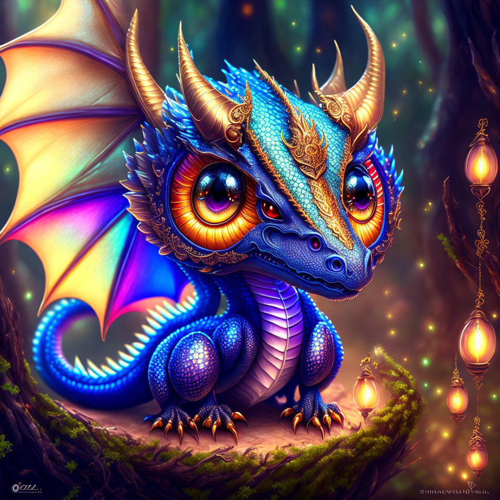 Colorful Dragon Illustration with Gold and Blue Scales and Purple Wings