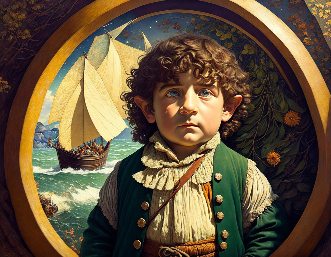 Young boy in green jacket gazes wistfully with sailboat in circular nautical border