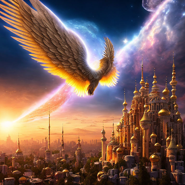 Winged creature soaring over golden-domed fantasy cityscape