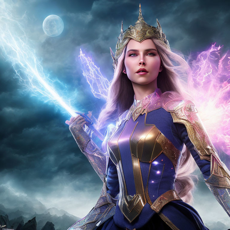 Majestic sorceress in blue and gold armor with lightning, under moonlit sky