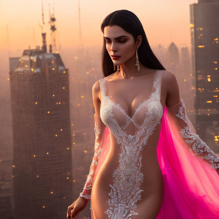 Elegant woman in stylish sheer gown against sunset city skyline