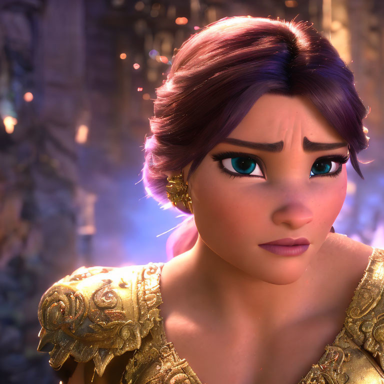 Detailed close-up of animated female character with purple hair and golden armor, against fantastical backdrop