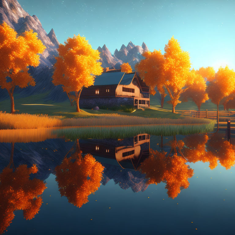 Tranquil autumn landscape with house, golden trees, lake, mountains, and dusk sky