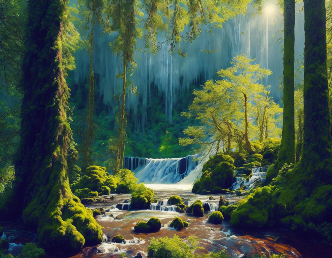 Tranquil forest with waterfall, stream, and sunlight