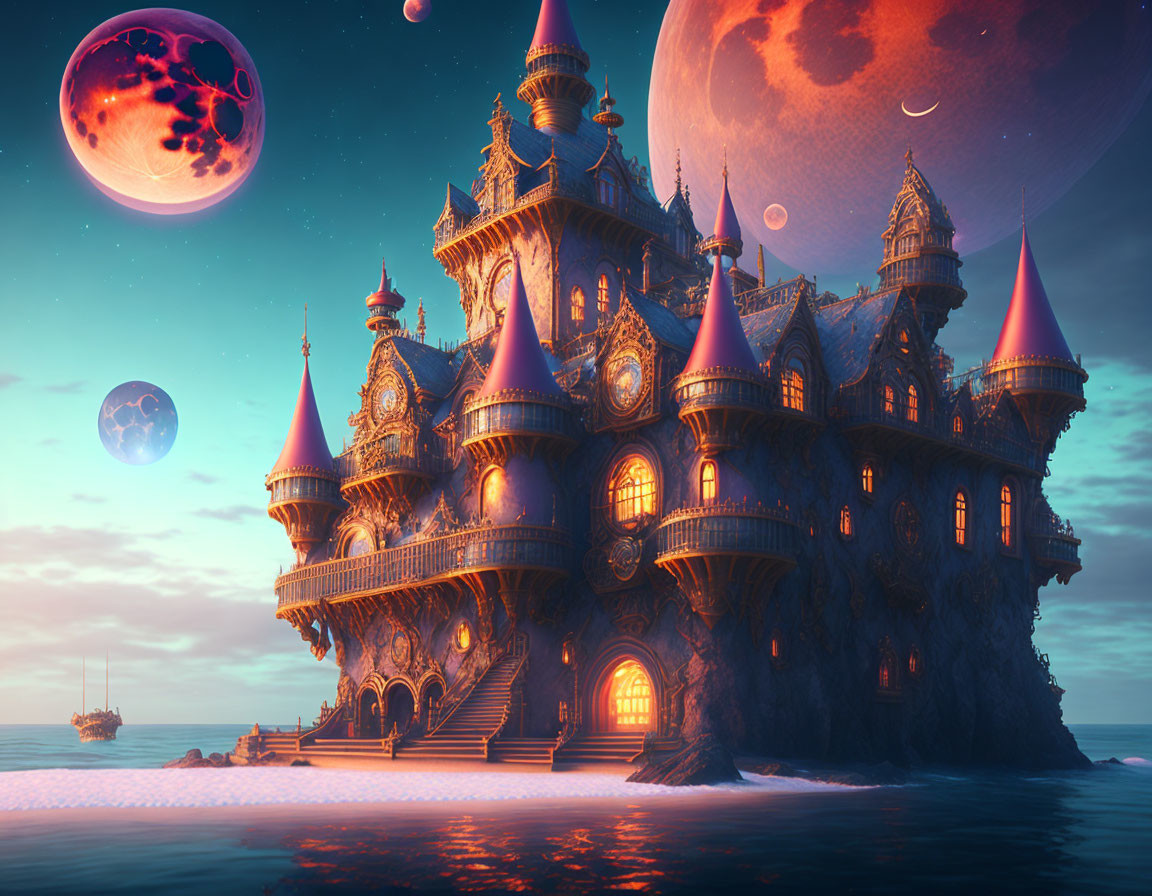 Fantastical castle on rocky island with oversized moons and floating islands at dusk