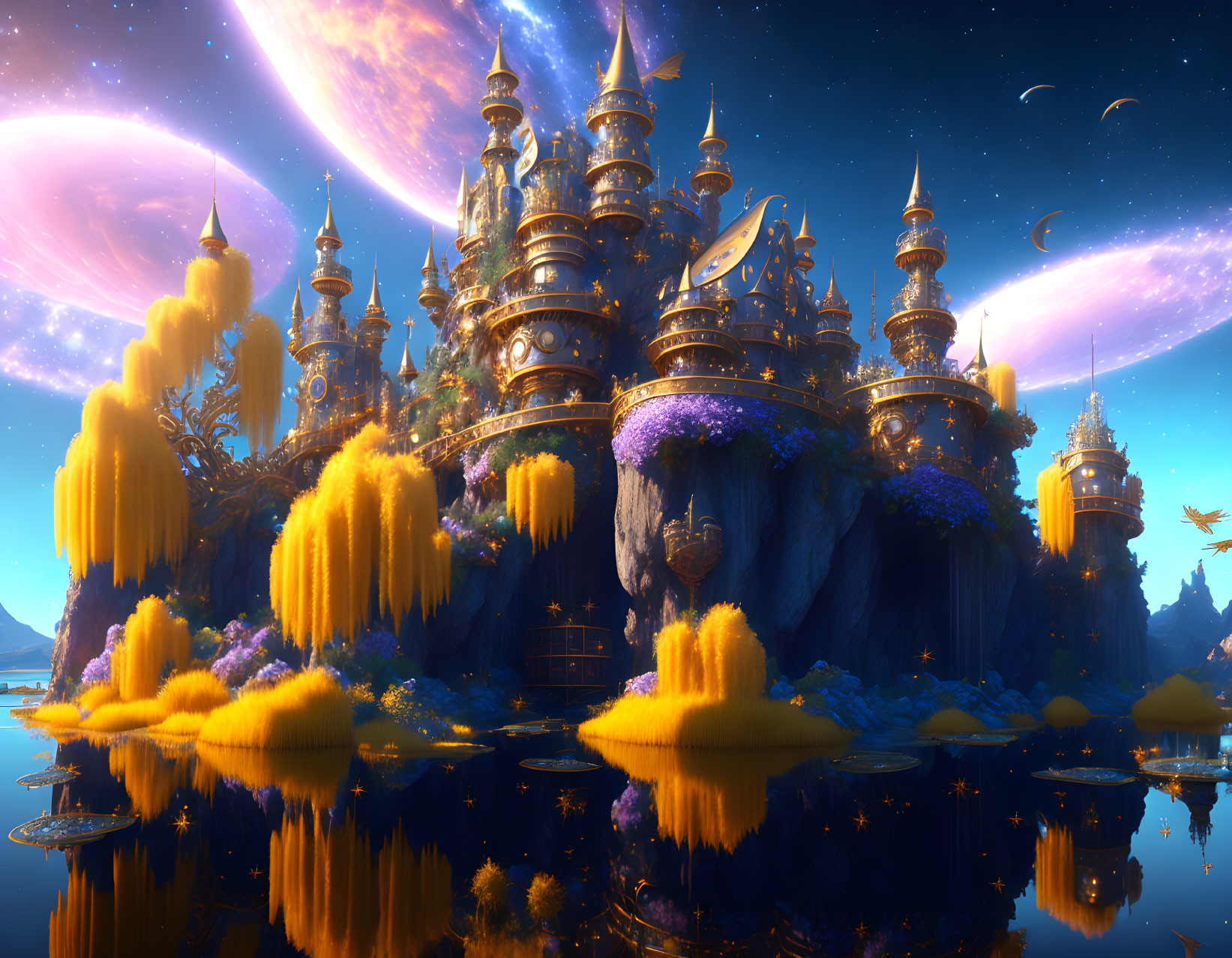 Fantastical landscape with ornate spires on island surrounded by water