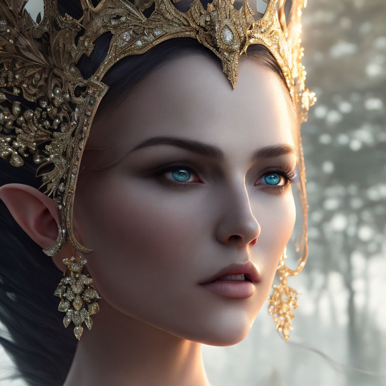 Detailed digital portrait of a fantasy elf queen with sharp ears, blue eyes, and golden crown in forest